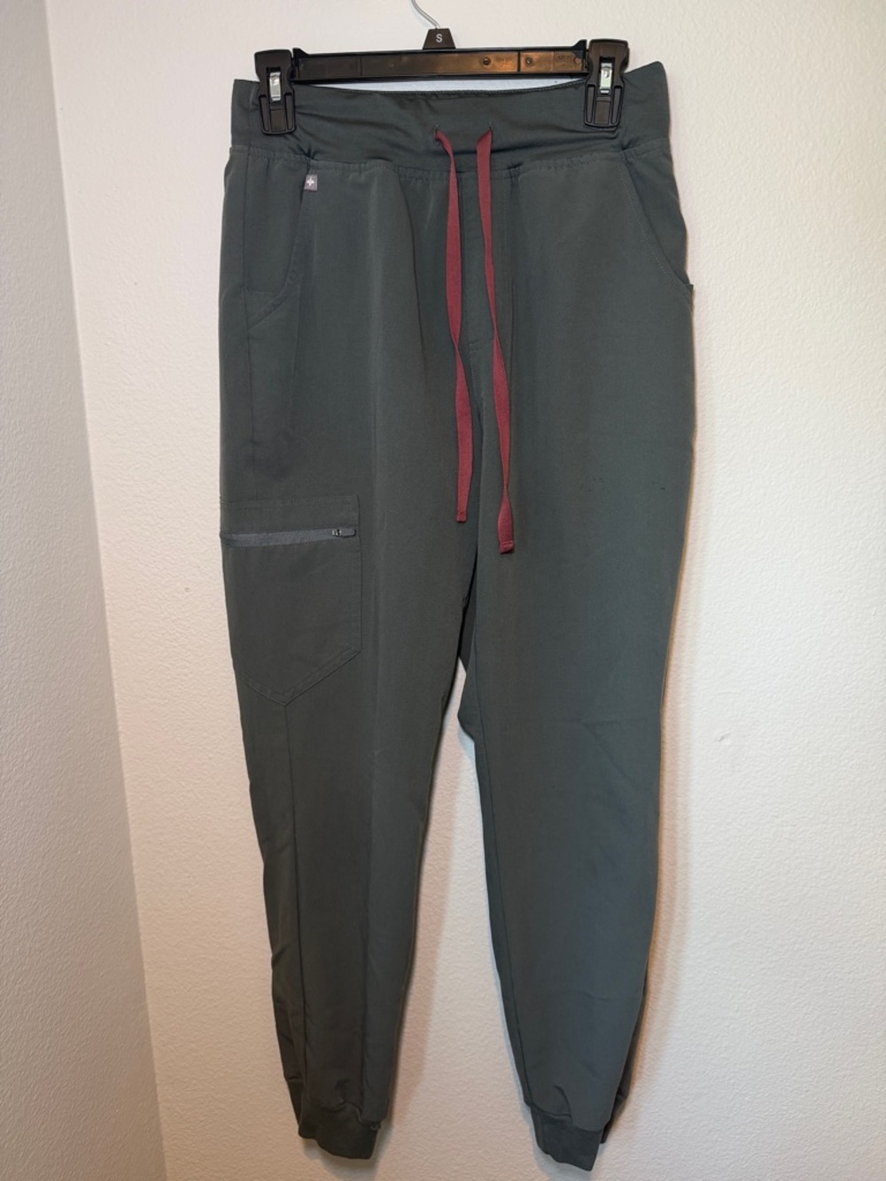 Size S Figs Scrubs Technical Deep Green Joggers with Maroon Drawstring-Flawed